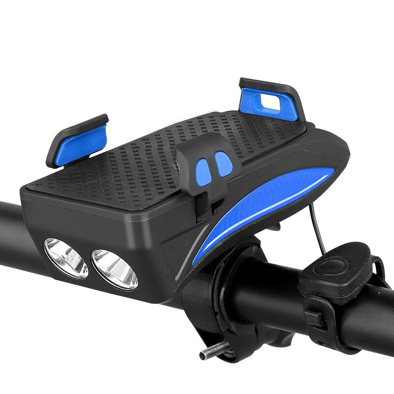 Fietshoorn en telefoonhouder in één, multifunctionele fietsverlichting, koplamp, led-bel, gps-clip, stuurbevestiging ,  b82: Blauw