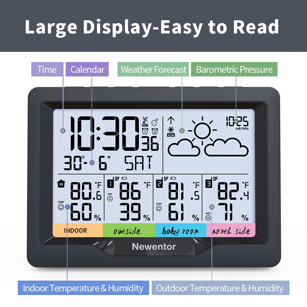 Newentor Digital Q5 Weather Station Indoor Outdoor Forecast Hygrometer Thermometer Wireless Weather Monitor With 3 Sensors