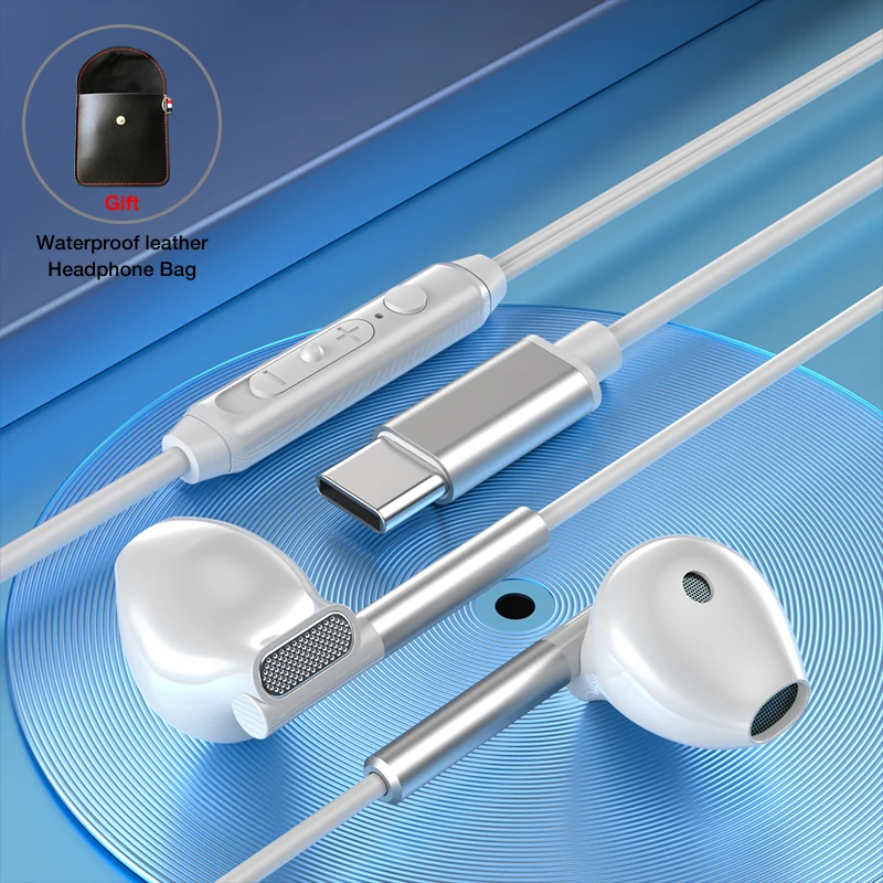 EARDECO 3.5mm/Type-C słuchawki z redukcją szumów słuchawki przewodowe Bass Hifi słuchawki przewodowe słuchawki douszne mikrofon stereo słuchawki z przewodem: Srebrny