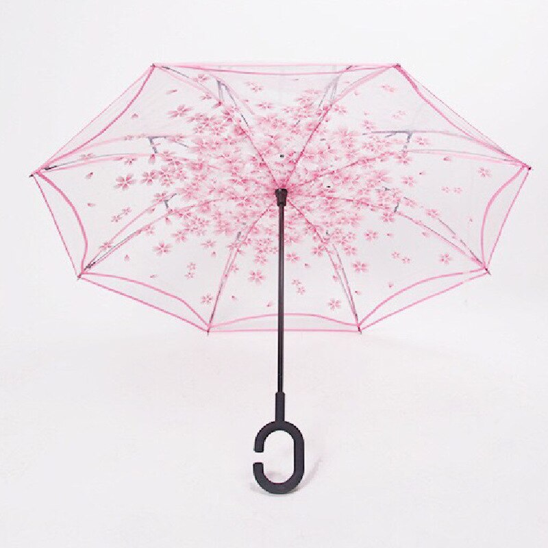 Parapluie Transparent inversé Sakura pour femmes, Double couche, poignée en C, coupe-vent, parapluie pliable, équipement de pluie