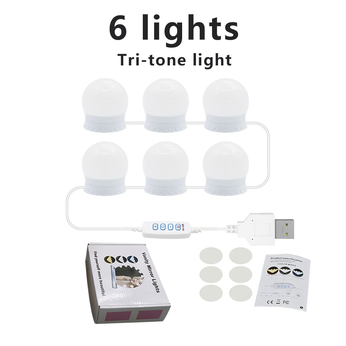 Led Make-Up Spiegel Licht Usb 14 Lampen Kaptafel Ijdelheid Lamp Led Cosmetische Verlichting Traploos Dimbare Badkamer Spiegel Lamp: 6 Pcs Tri color