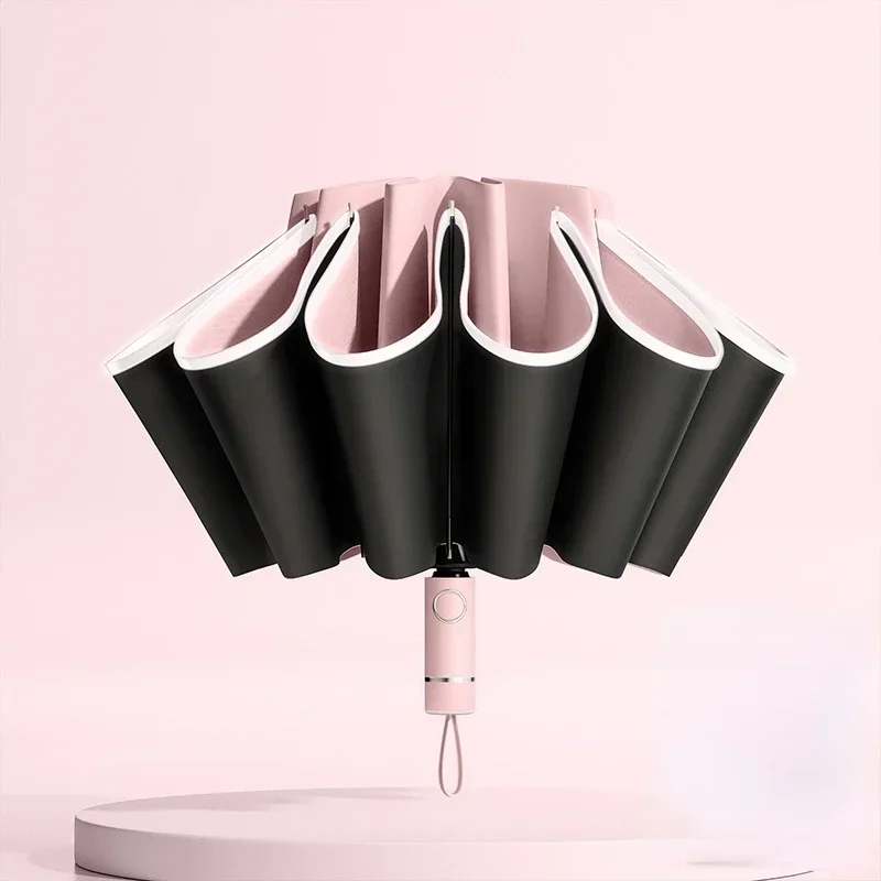 Paraguas totalmente automático para hombre y mujer, sombrilla plegable inversa con rayas reflectantes a prueba de viento y rayos UV: Rosa