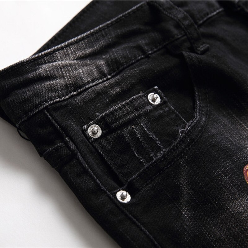 Mannen Dollar Print Jeans Gaten Ripped Denim Broek Gedrukt Zwart Slim Skinny Tapered Potlood Broek