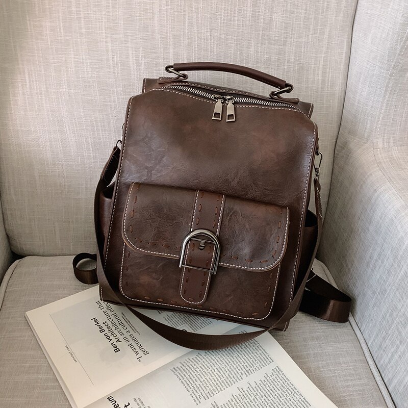 Luksus kvinder rygsæk vintage rejse pu læder rygsæk stor kapacitet bogtaske skoletasker til teenagepiger: Kaffe