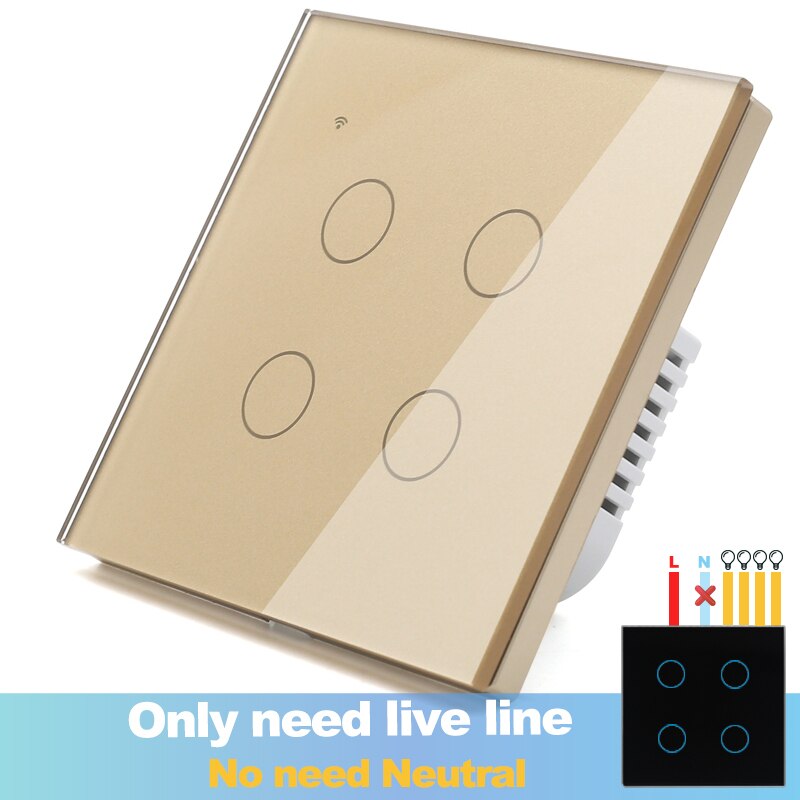 (No need neutral) WIFI Touch Light Wall Switch Black Glass Blue LED Smart Home Phone Control 1 Gang 2 Way Alexa Google Home: 4GangGold