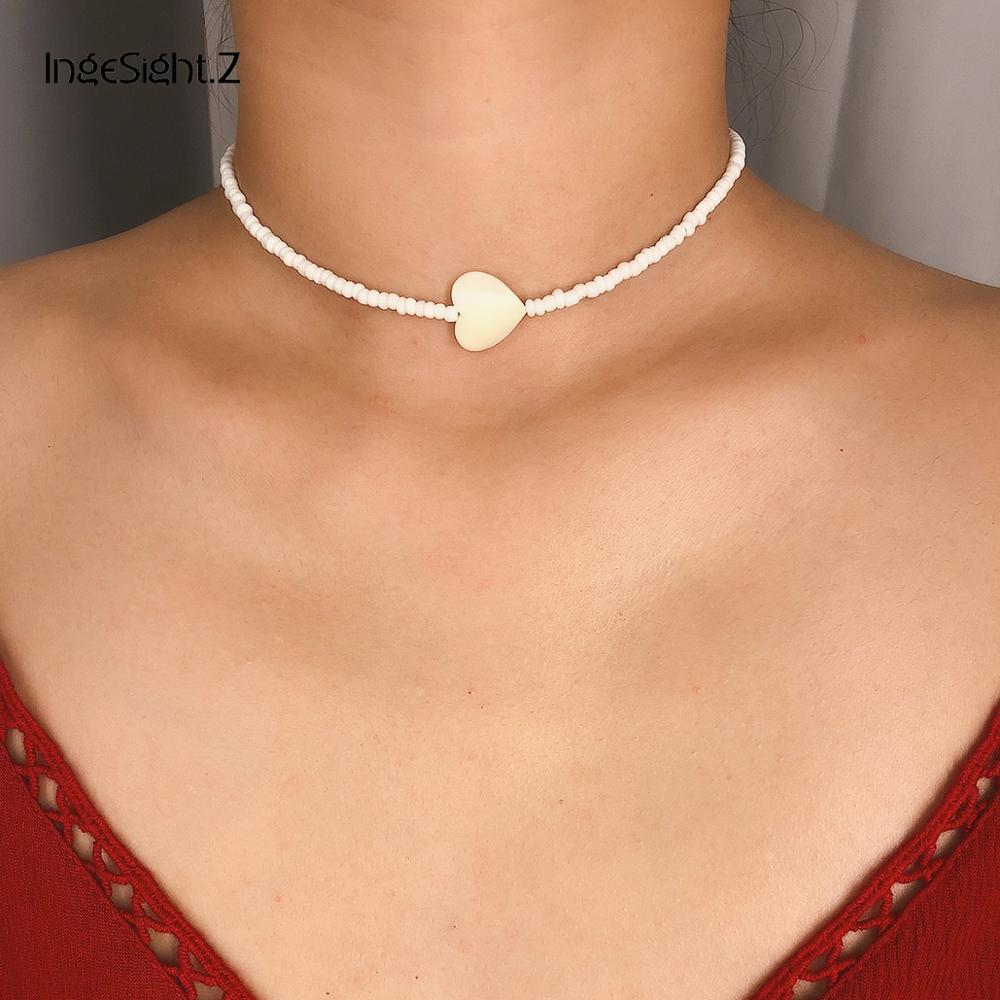 IngeSight.Z-collier ras du cou à perles blanches, Simple, minimaliste, bijoux, chaîne clavicule d'amour mignon, coquille de cœur