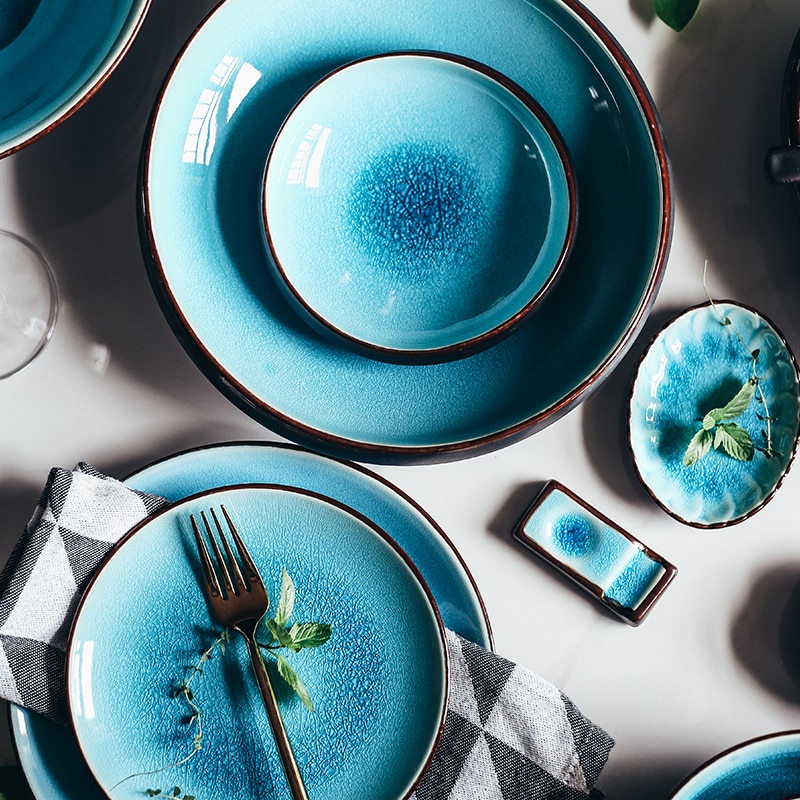 Is krakning glasur keramisk service husholdningsretter ris skåle dampede fisk fade porcelæn blå middagsplader