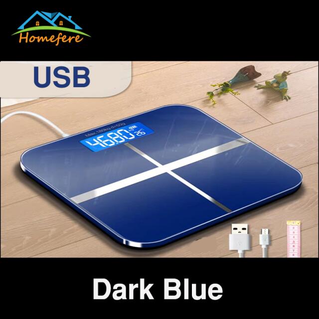 USB Charging Bathroom Scale Glass Smart Household Electronic Digital Weight Balance LCD Display: Dark Blue USB