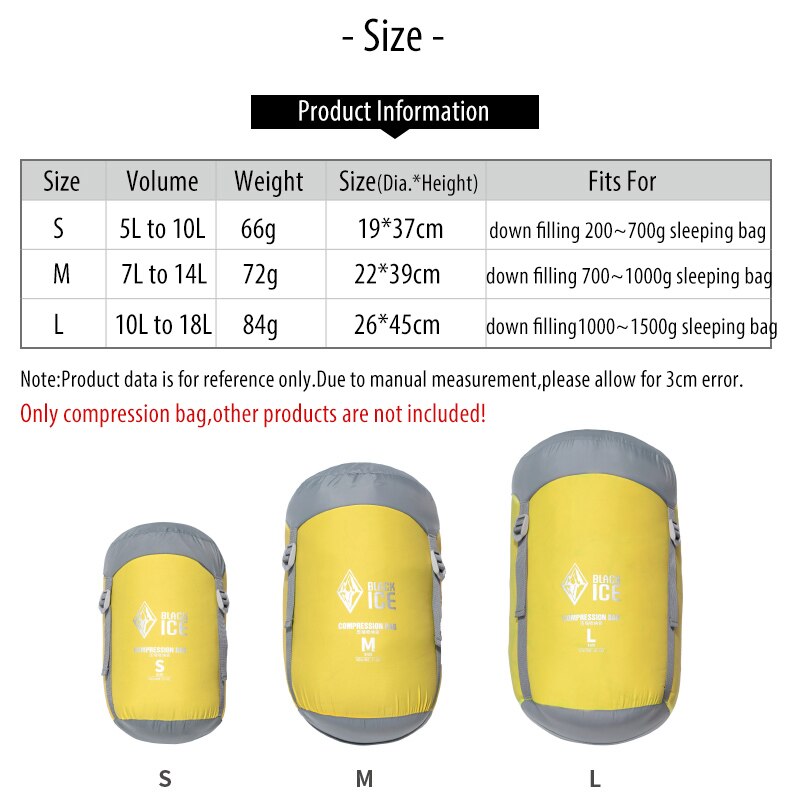 Black Ice Compression Sack Storage Bag Ultralight Down Sleeping Bag Stuff Sack S/M/L for Backpacking Hiking Camping Blackice