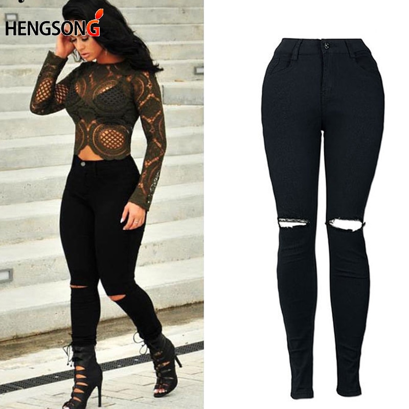 Witte gescheurde jeans voor dames, coole denim, hoge taille, elastische broek, capribroek, skinny, zwarte casual pencil jeans  ho833795