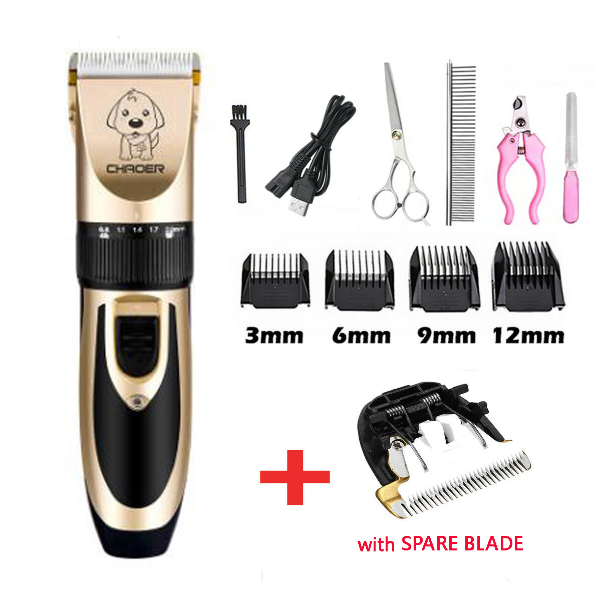 Pet Dog Hair Trimmer Animal Grooming Clippers Electrical Dog Hair Cutter Cat Hair Remover USB Rechargeable Pet Haircut Machine: C with Blade Scissor