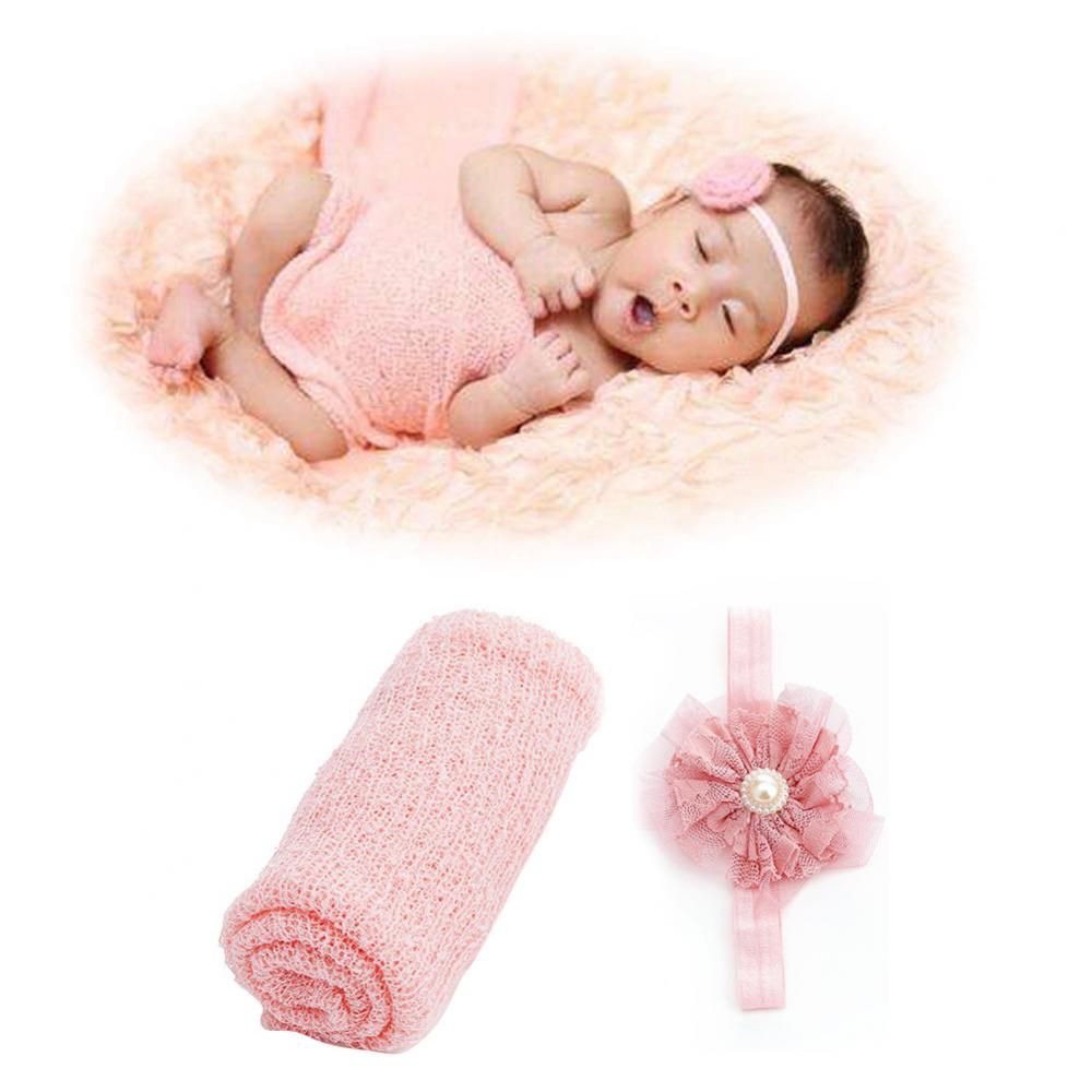 60% 2 Stuks Mooie Elastische Baby Lace Deken Wrap Bloem Hoofdband Pasgeboren Fotografie Prop Kinderen Twee-stuk Fotografie