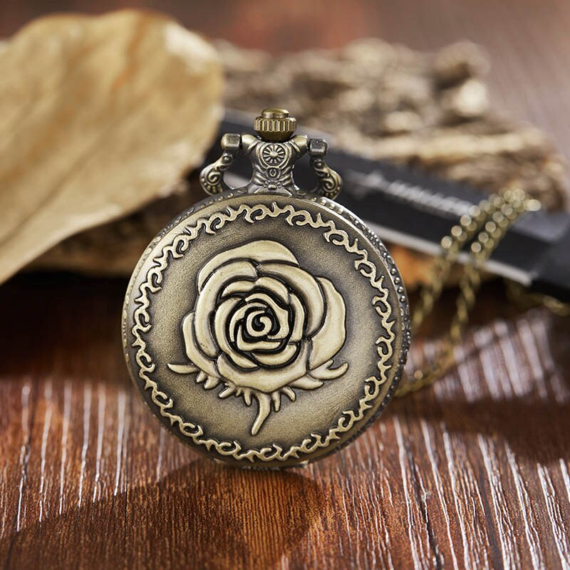 Ancient Pocket Watch Fob Chain Flower Rose Engrave Clock Mens Flip Bronze Case Watch Vintage Male Watches for Men Women: rose 1