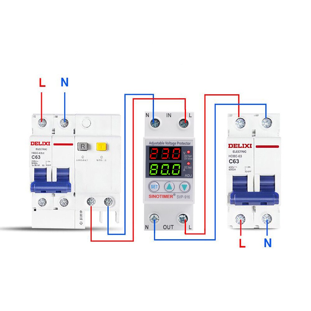 Home Usage Dual LED Display 40A 63A 80A Din Rail 230V Adjustable Voltage Surge Protector Relay with Limit Current Protection