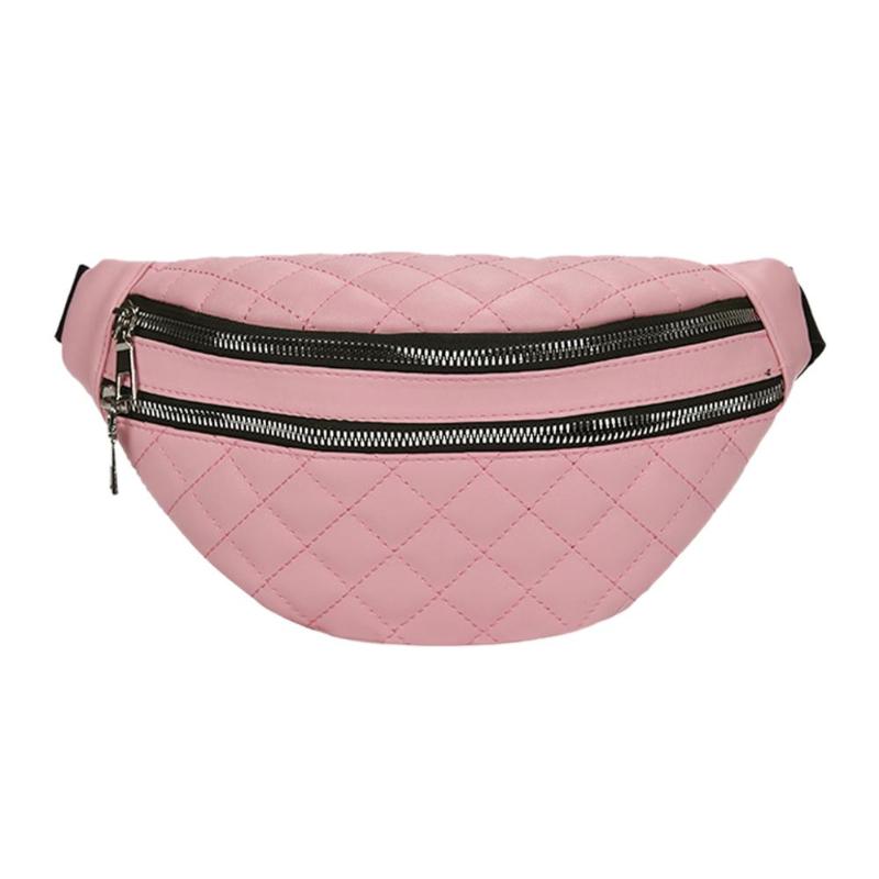 Women PU Leather Banana Waist Bag Double Zipper Belt Bag Brand Fanny Pack Casual Crossbody Chest Bag Phone Pouch rinoner: Pink