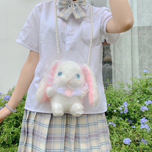Bolso de conejo japonés Lolita para chica joven, bandolera suave con cadena de perlas, billetera: Blue Eye