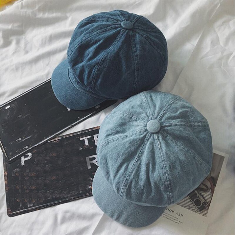Denim unisex newsboy kasketter efterår cowboy hatte til kvinder mandlige ottekantede hat cabbie chauffør kasket flad top koreanske maler hatte