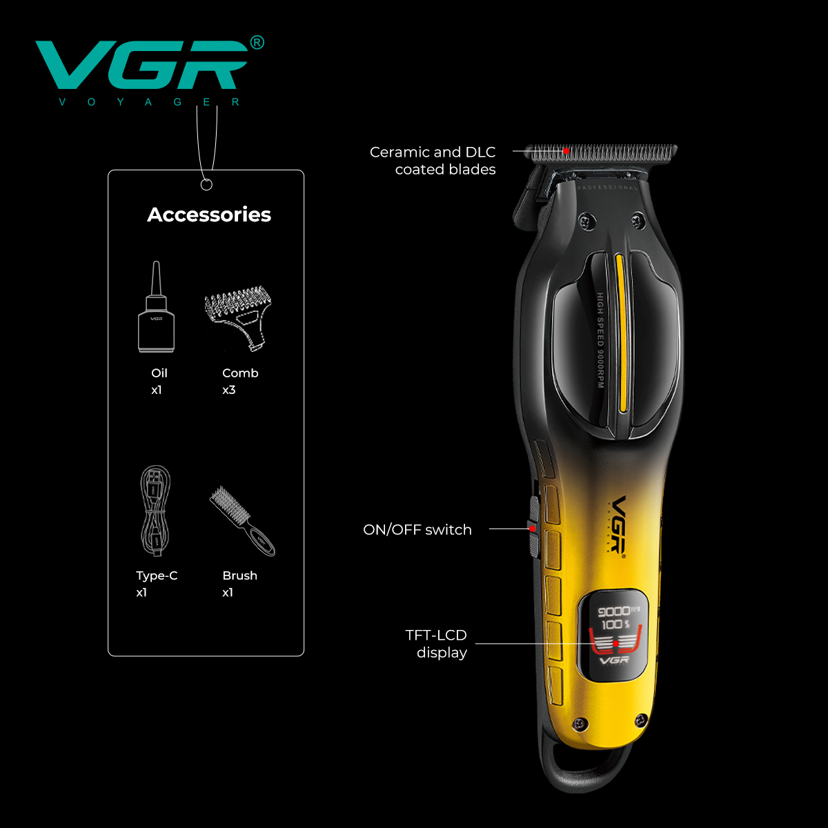 VGR Hair Trimmer Hair Cut Machine Electric Barber Adjustable Clippers 9000RPM TFT-LCD Display Trimmer for Men V-026