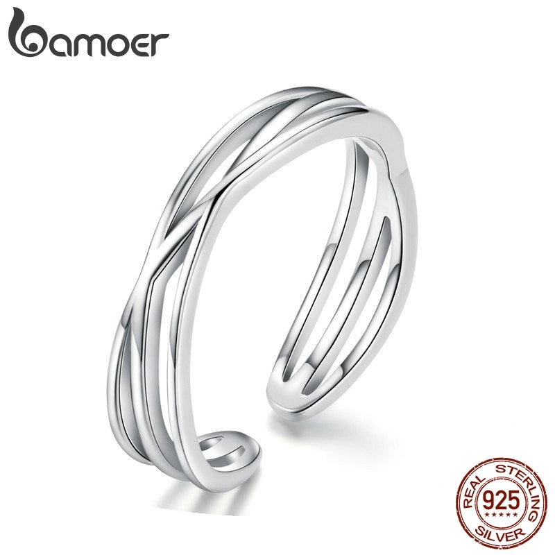 BAMOER, Plata de Ley 925 auténtica, onda retorcida geométrica, anillos de dedo de tamaño abierto para mujeres, joyería de compromiso de boda SCR483