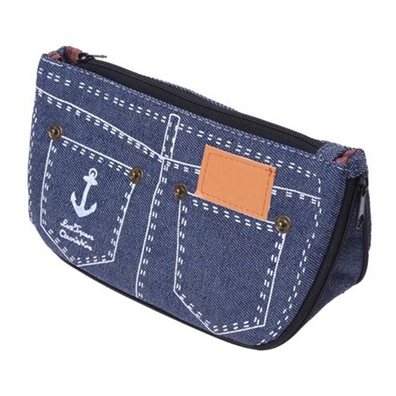 Jean azul bolsa de maquiagem feminina denim lona bolsa de telefone para viagens senhoras bolsa de cosmética feminina: Deep blue