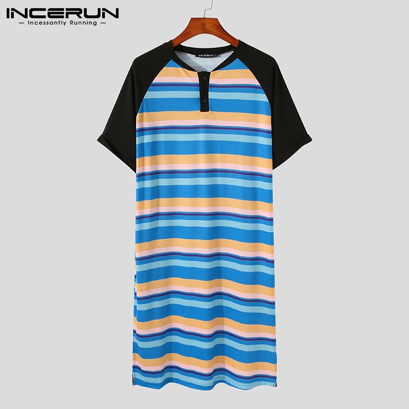 Men Robes Homewear Striped Patchwork O Neck Short Sleeve Bathrobe Nightgown Loose Cozy Leisure Men Loungewear S-5XL INCERUN