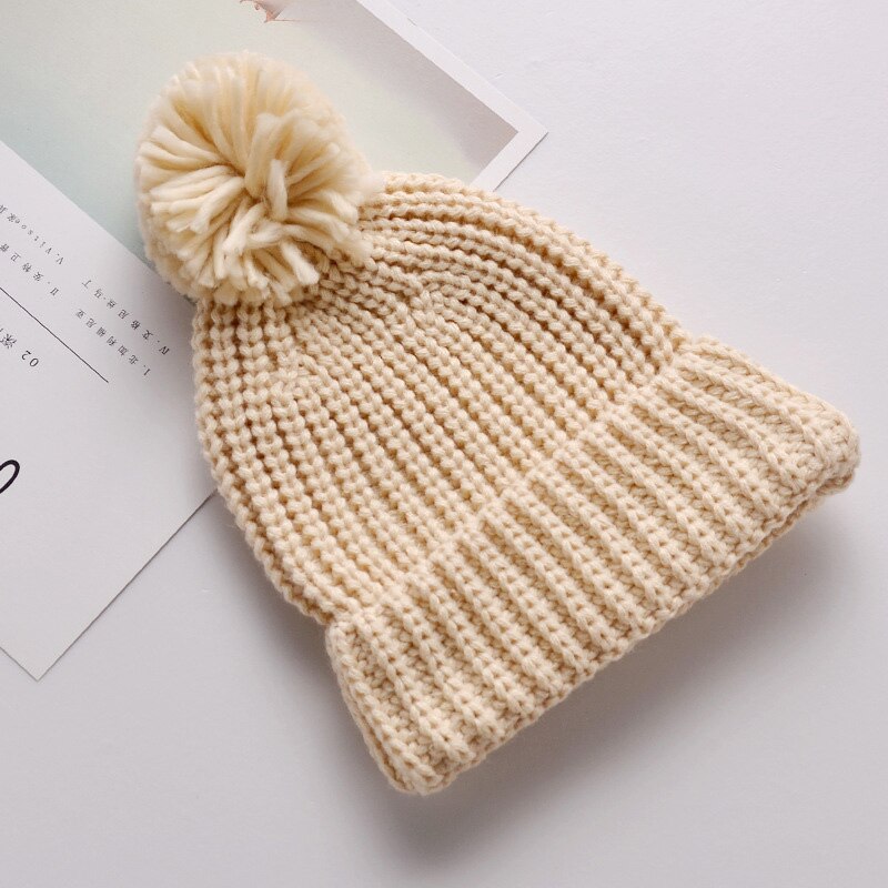 Baby Knitted Winter Hat Boys Girls Pompom Cap Crochet Knitted Candy Color Toddler Beanie Cap Infant Kids Children Hairball Hats: beige