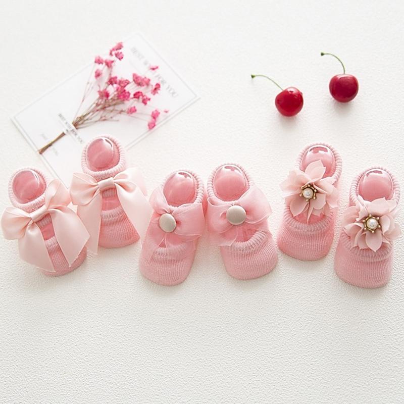 3 par skridsikre småbørn baby sokker pige blonder bånd blomst børns gulvsokker bomuld størrelse i 0-3 år #135: Lyserød / 12cm