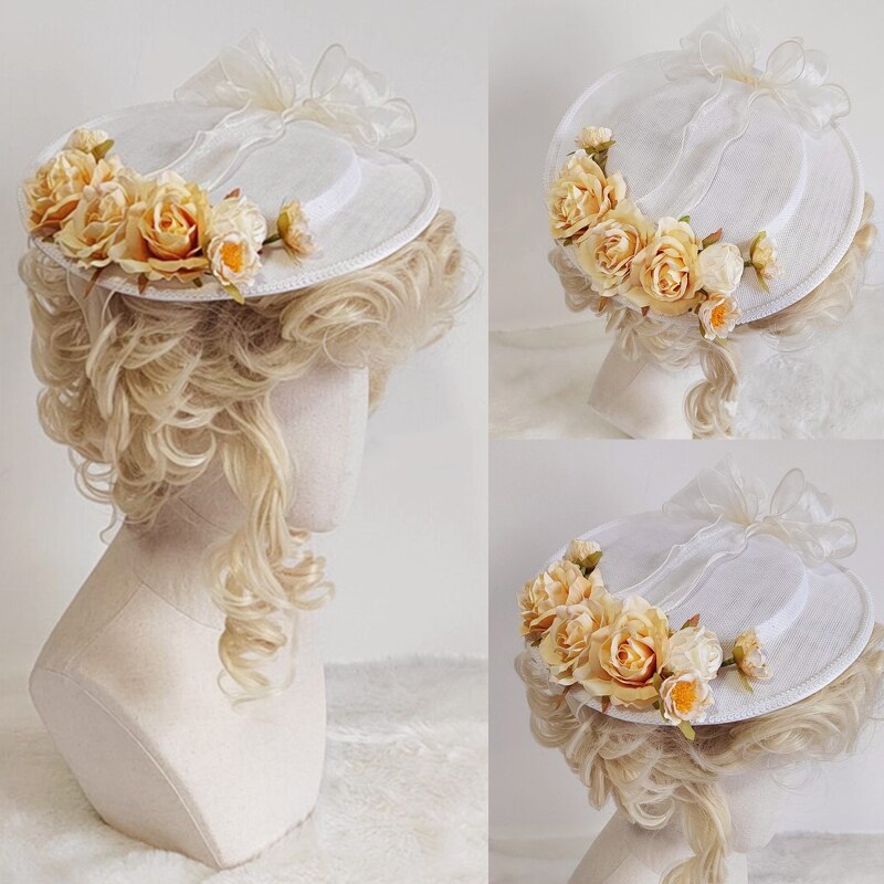 066C Exquisite Lolita Hat Flat Top Hat with Light Yellow Flowers All-match Bonnet Hat for Afternoon Pastoral Party Tea Party