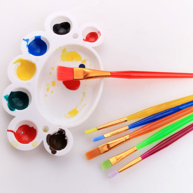Set van 6 platte kinderverfkwasten met kleurrijke kunststof handvaten en nylon verfkwasten, teken- en kunstbenodigdheden, doe-het-zelf knutselspullen