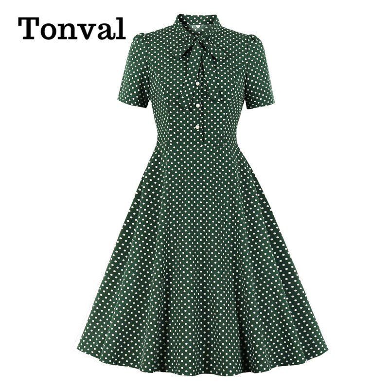 Tonval Strikje Hals Knop Front Stip Pinup 50S Vintage Shirt Jurken Vrouwen A-lijn Zomer Vrouwelijke Elegante Groene jurk