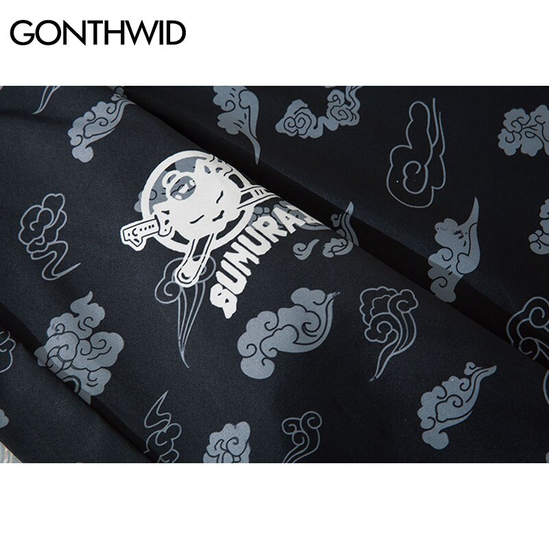 Gonthwid Japanse Samurai Kat Kirin Print Kimono Vest Shirts Jassen Streetwear Mannen Hip Hop Harajuku Casual Zomer Jas Tops