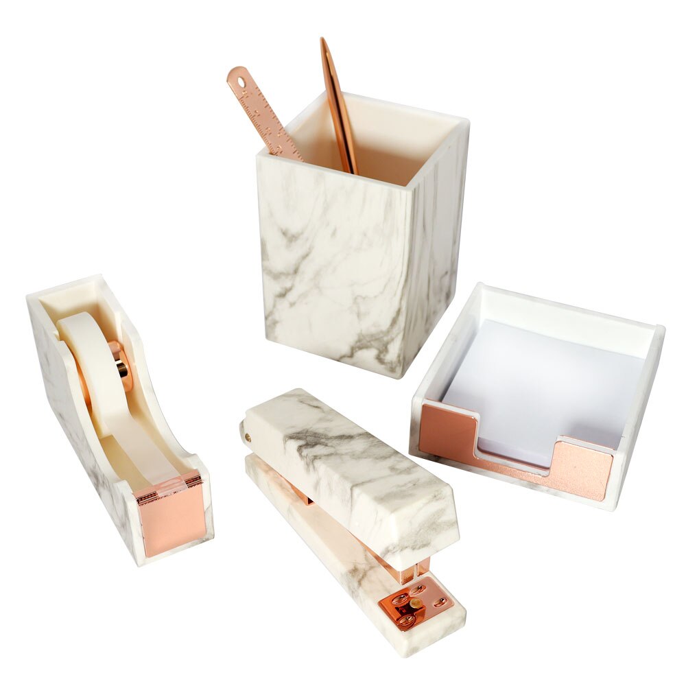 Marble Gold Desk Accessories Organizer Set Tape Dispenser Stapler for Desk Sticky Notes Holder Pencil Pen Holder Office Supplies: Rose Gold Color