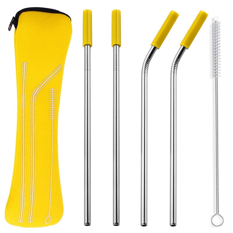 1 set Reusable Stainless Steel Straws Straight Bent Drinking Straws with Silicone Tips Cold Beverage Metal Drinking Straw: yellow 2pcs