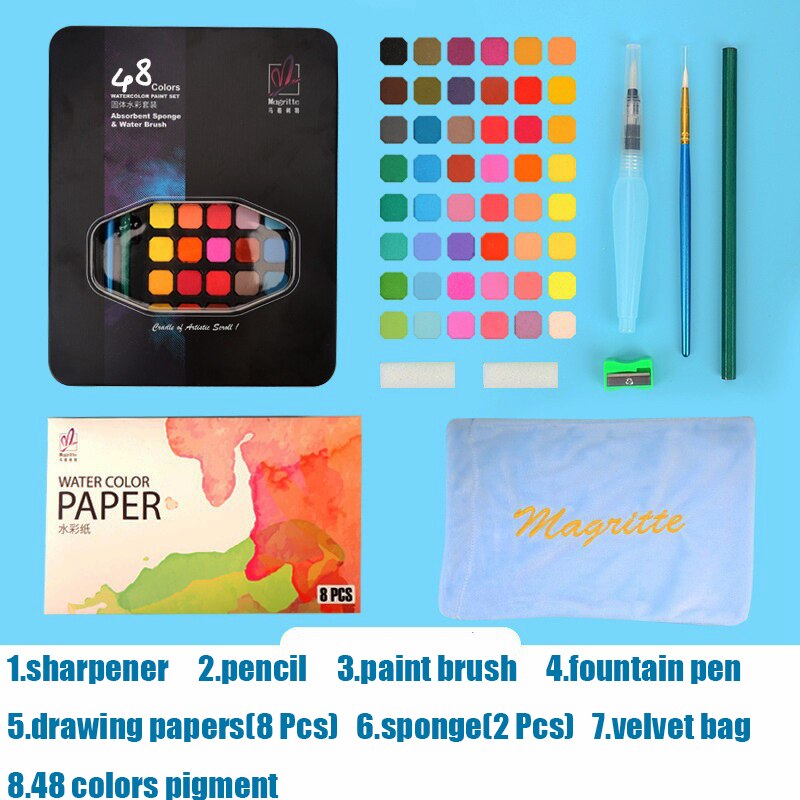 Juego de pintura de acuarela sólida , 48 colores, 63 Uds., juego de arte con pincel de pintura, suministros de arte del pigmento: 48 Colors Set-Black