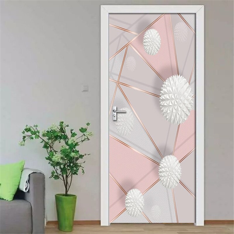 Removable Door Stickers 3D Geometric Marble Stitching Waterproof Living Room Bedroom Door Wallpaper Self Adhesive Wall Decals
