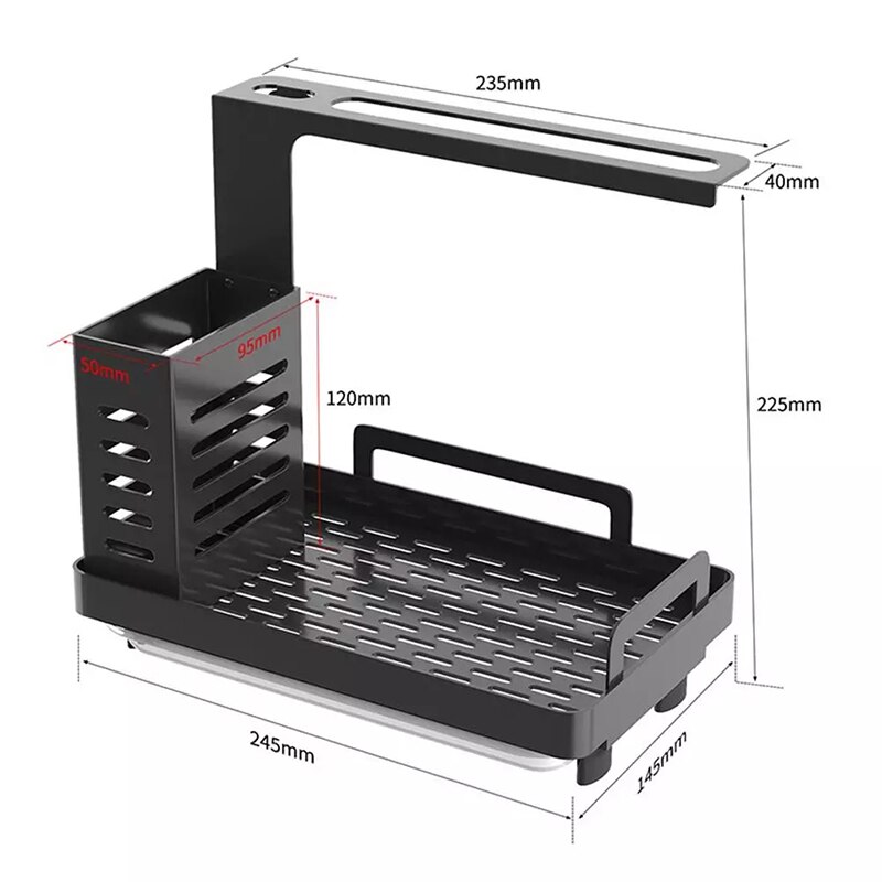 Porte-éponge en acier inoxydable, support de brosse à savon, évier de cuisine, caddie organisateur avec bac de vidange, support de séchage de cuisine Premium: Black