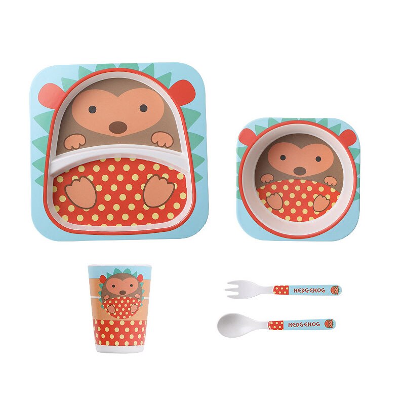 5pcs/set Animal Zoo Baby Plate Bow Cup Forks Dinnerware Feeding Set 100% Bamboo Fiber Baby Children Tableware Set: Little hedgehog