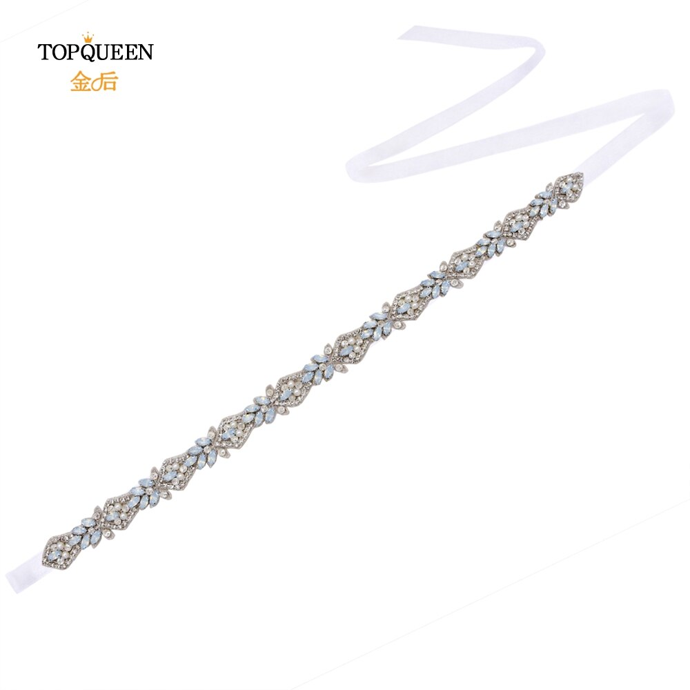 TOPQUEEN-cinturones de novia S485, apliques de cristal de para cinturones de novia, cinturón para vestido de bodas con diamantes de imitación, Ópalo: white organza