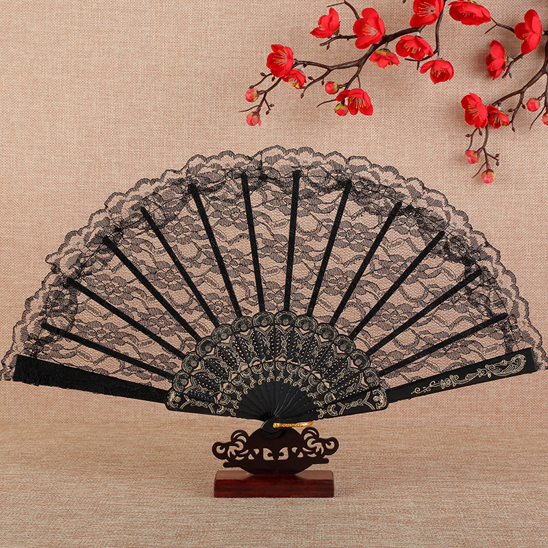 23cm Thin Lace Fan Plastic Bone Hand Fan Art Craft Lolita Japanese Sweet Girl Dance Photo Props Wedding Party Decoration: Black no pendant