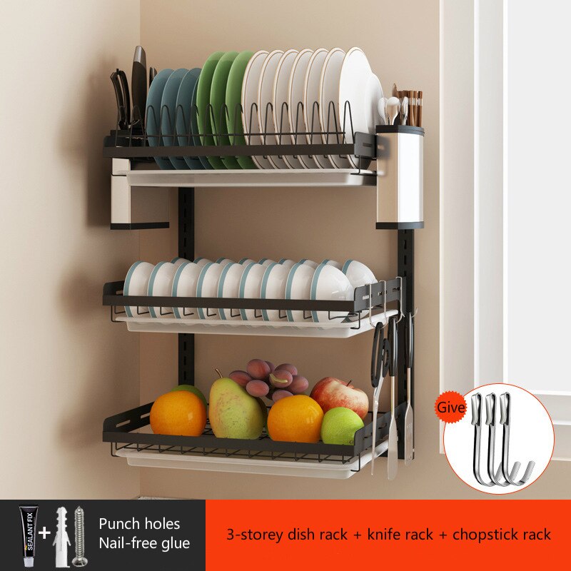 High Black Stainless Steel Dish Rack Wall Hanging Bowl Plate Rack Drain Shelf Free-punching Kitchen Storage Organizer