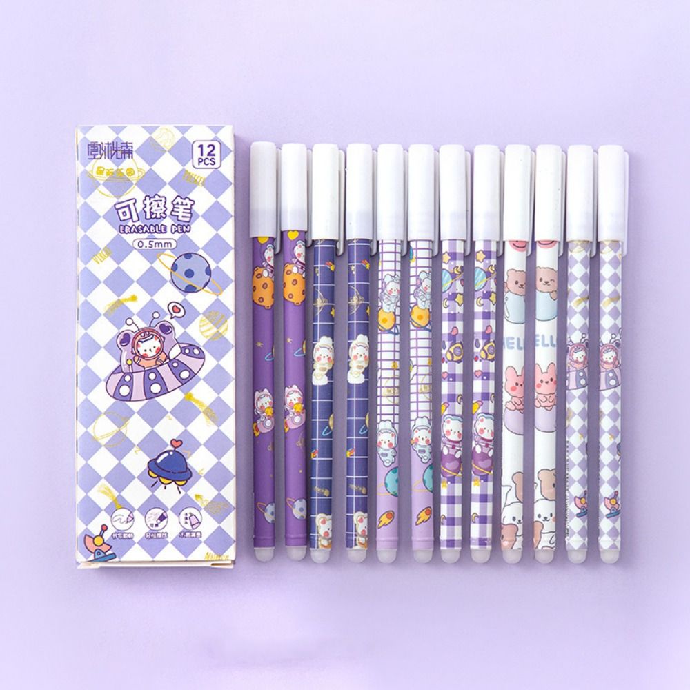 12PCS/Box 0.5mm Blue Ink Ballpoint Pen Bear Peach Astronaut Quick Drying Erasable Pen Gel Pens School Office Supplies: Burgundy