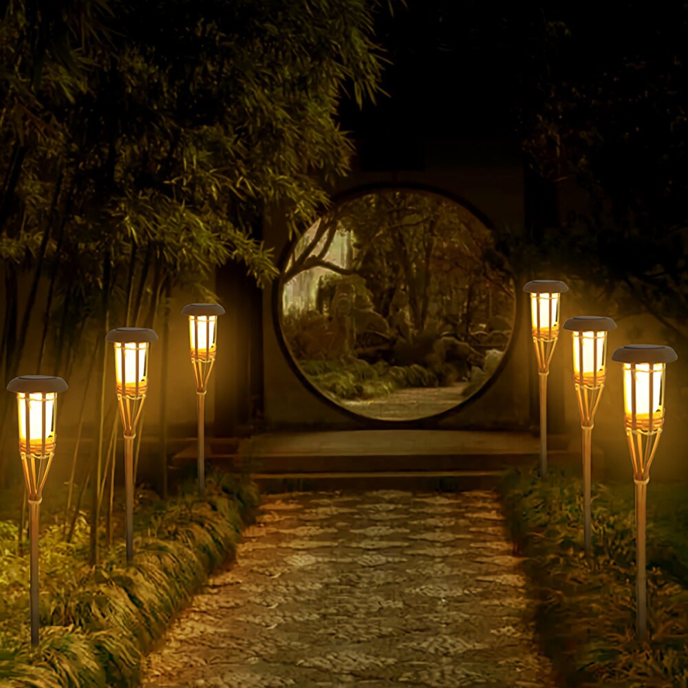 1 pc bamboe zaklampen op zonne-energie, intelligente warmgele tuinpadverlichting voor binnentuin en huis