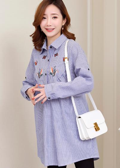 Frühling verlieren Beiläufige Mutterschaft Blusen Schmetterling Blume Stickerei Schwangere Lange Hemden Kleidung Gestreiften Schwangerschaft Bluse Spitzen
