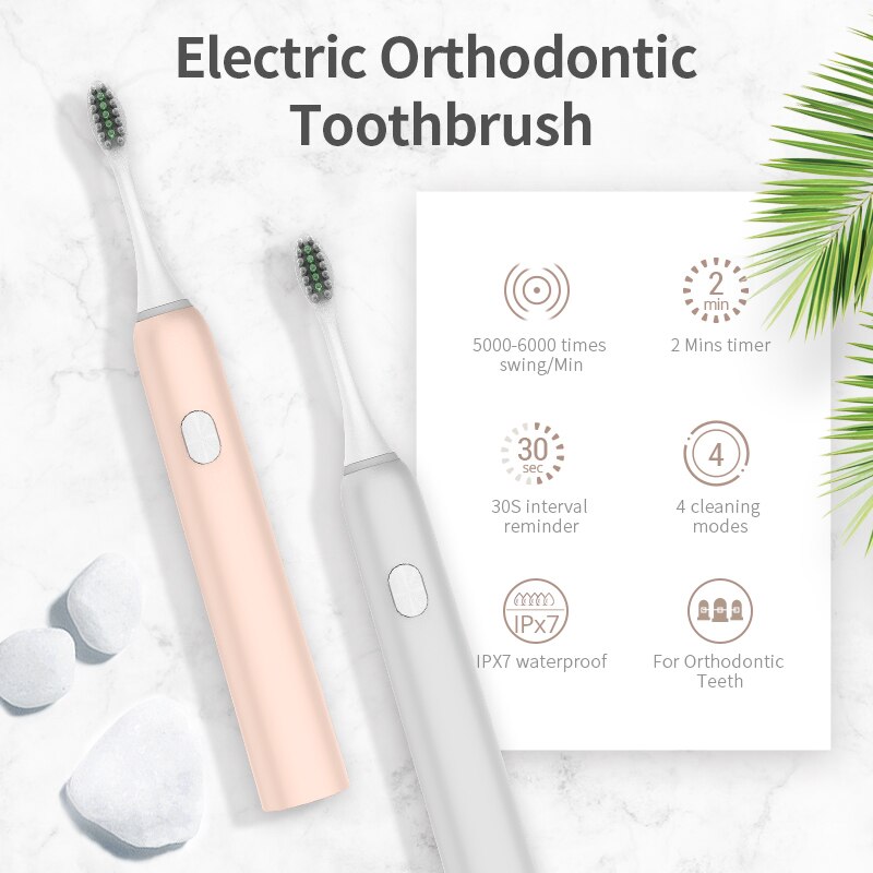 Y-kelin-cepillo de dientes eléctrico con 2 cabezales, recargable, Sónico, para tirantes para adultos, ortodoncia