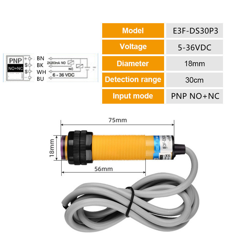 Interrupteur de proximité capteur photoélectrique E3F-DS30C4 NPN PNP DC5-36V plage de détection réglable 30cm 10cm E3F-DS30P1/P2/C2/Y1: GRIS