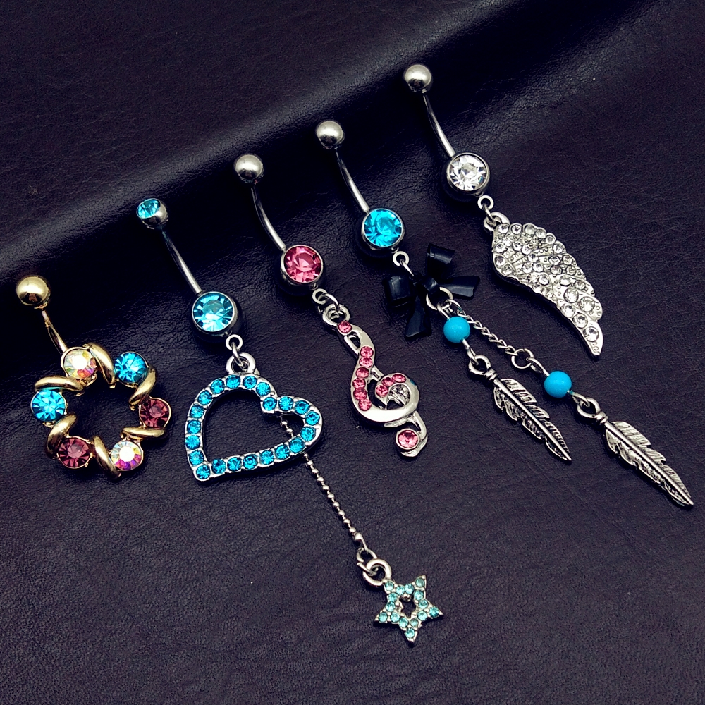 5 stks mix stijl vintage blauwe vleugels note ster boog lange dangle navel belly bar button ringen body piercing sieraden: Default Title