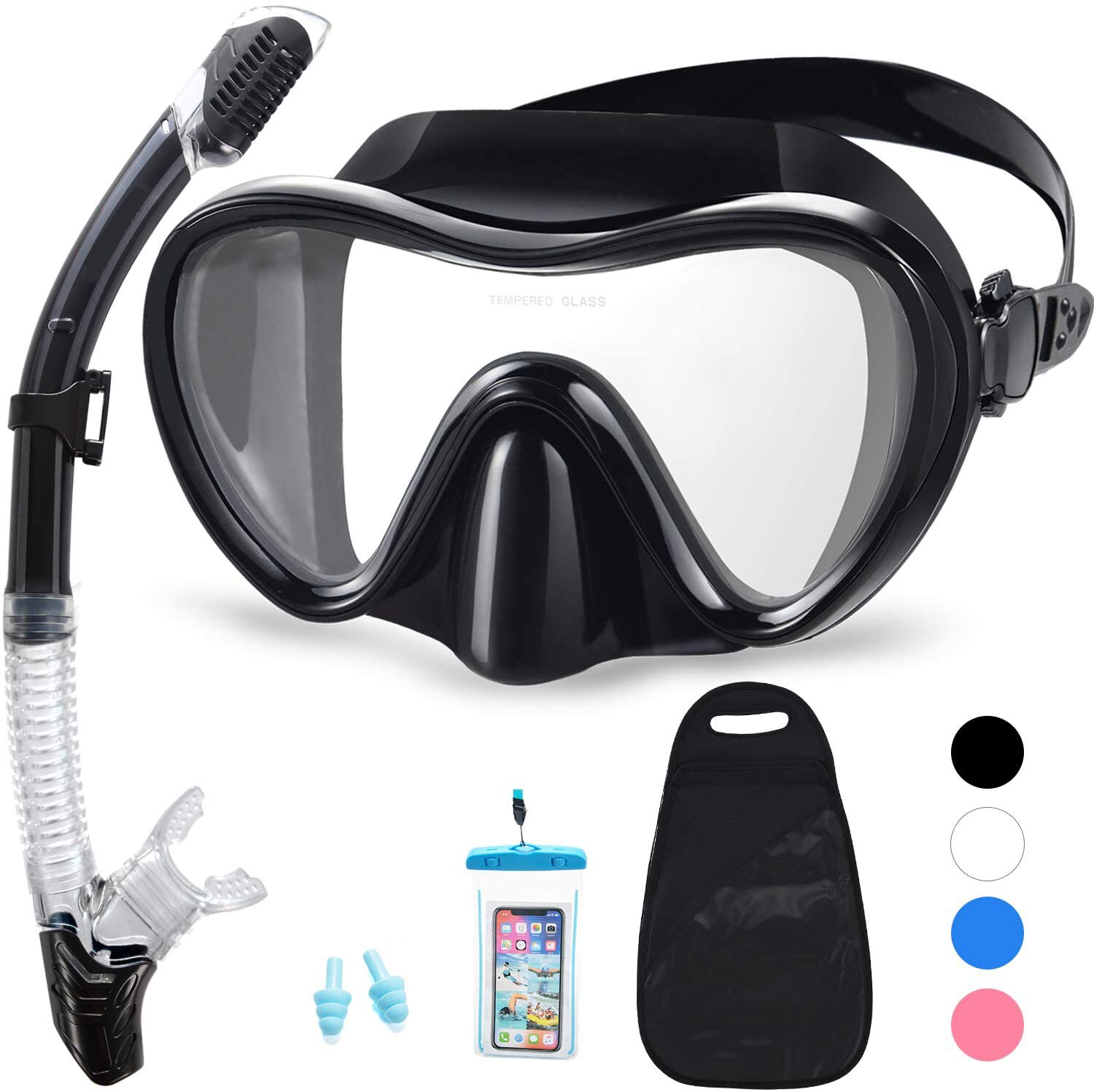 Duikbril Snorkel Set Met Waterdichte Draagtas Snorkelen Masker Met Slagvast Panoramisch Gehard Glas Zwemmen Volwassen: Black