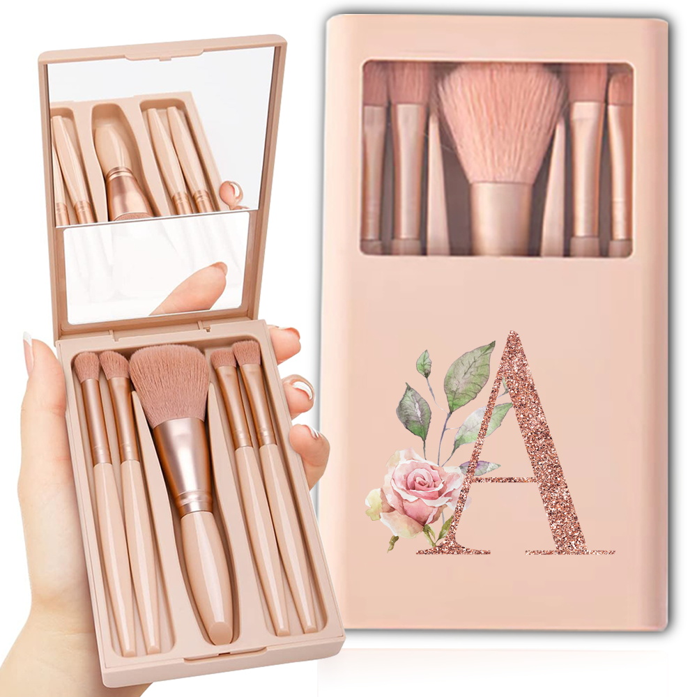 Kit de brochas cosméticas con espejo y estuche, caja plegable, juego de brochas de maquillaje, herramienta de belleza portátil, patrón de letras de oro rosa, 5 uds.: Beige
