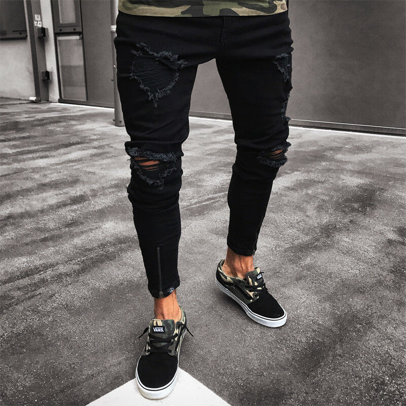 Herre cool mærke sorte jeans skinny flået ødelagt slim fit hop hop bukser med huller til mænd – Grandado