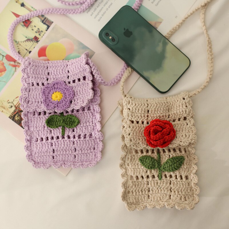 handgefertigt Mädchen Häkeln Strick Blumen- Klappe Schulter Tasche Girly Teenager Kleine Größe Aushöhlen Nette Smartphone Schlinge Umhängetasche